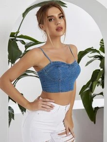 Zipper Back Bustier Crop Denim Cami Top - Medium Wash - View 4