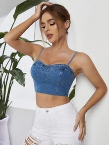 Zipper Back Bustier Crop Denim Cami Top - Medium Wash - View 5