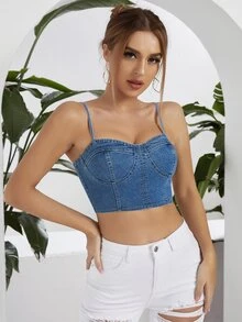 Zipper Back Bustier Crop Denim Cami Top - Medium Wash - View 6