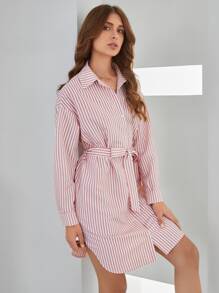 SHEIN Đầm Thắt lưng Nút phía trước Sọc Giải trí - Nhiều màu - Xem 1