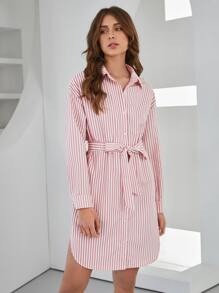 SHEIN Đầm Thắt lưng Nút phía trước Sọc Giải trí - Nhiều màu - Xem 4