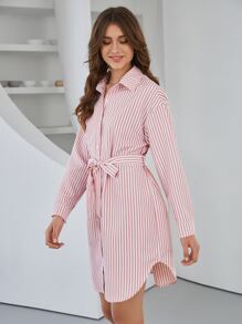 SHEIN Đầm Thắt lưng Nút phía trước Sọc Giải trí - Nhiều màu - Xem 5