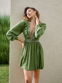 SHEIN VCAY Plunging Geo Embroidered Ruffle Trim Dress