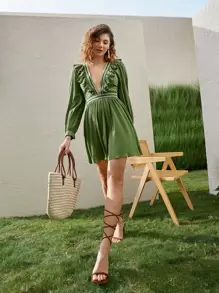 SHEIN VCAY Plunging Geo Embroidered Ruffle Trim Dress