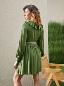 SHEIN VCAY Plunging Geo Embroidered Ruffle Trim Dress