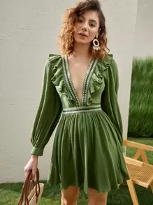 SHEIN VCAY Plunging Geo Embroidered Ruffle Trim Dress