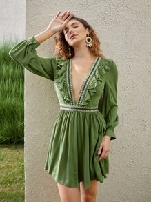 SHEIN VCAY Plunging Geo Embroidered Ruffle Trim Dress