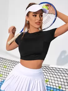 Gameset SHEIN Sport 透气短款运动T恤修身健身女式衬衫 - 黑色 - 查看 5