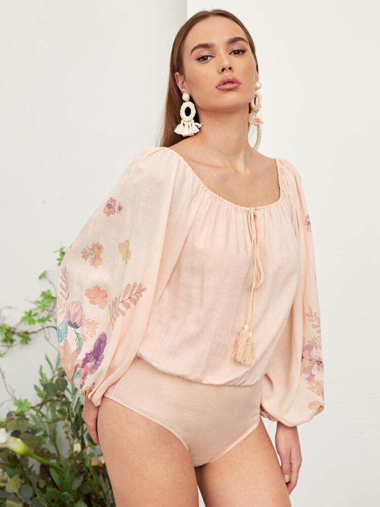 SHEIN 花卉圖案燈籠袖流蘇細節連身背心 - 杏色 - 查看 1