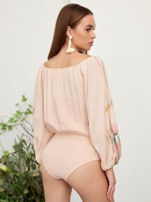 SHEIN 花卉圖案燈籠袖流蘇細節連身背心 - 杏色 - 查看 2