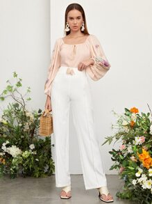 SHEIN 花卉圖案燈籠袖流蘇細節連身背心 - 杏色 - 查看 3