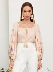 SHEIN 花卉圖案燈籠袖流蘇細節連身背心 - 杏色 - 查看 4