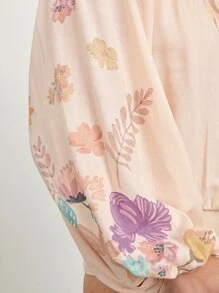 SHEIN 花卉圖案燈籠袖流蘇細節連身背心 - 杏色 - 查看 5