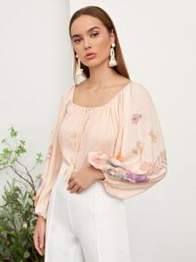 SHEIN 花卉圖案燈籠袖流蘇細節連身背心 - 杏色 - 查看 6