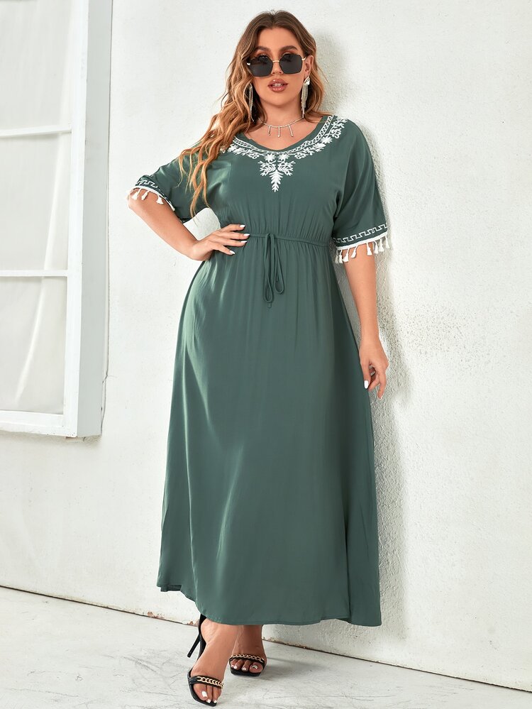 Mulvari Plus Floral Embroidery Tassel Trim Knot Front Dress - Green - View 5