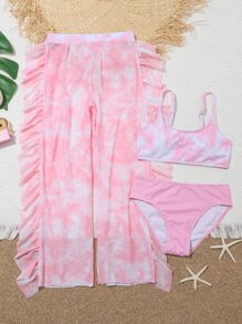 3 paquetes de conjunto de bikini teñido anudado y pantalones cubreviajes de verano para niña preadolescente - Rosa - Ver 1