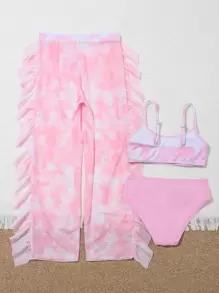 3 paquetes de conjunto de bikini teñido anudado y pantalones cubreviajes de verano para niña preadolescente - Rosa - Ver 2