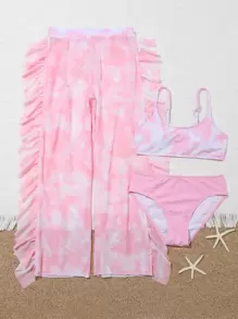 3 paquetes de conjunto de bikini teñido anudado y pantalones cubreviajes de verano para niña preadolescente - Rosa - Ver 5