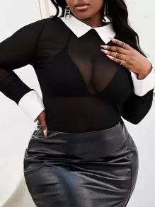 Slaydiva Top de cuello en contraste de malla - Negro - Ver 1
