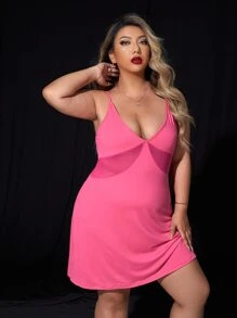 大碼嵌入網紗吊帶睡裙 - 粉色 - 查看 1