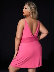 大碼嵌入網紗吊帶睡裙 - 粉色 - 查看 2