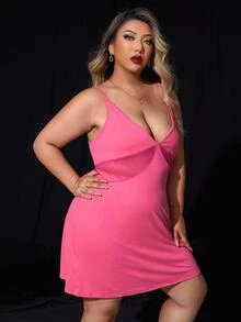 大碼嵌入網紗吊帶睡裙 - 粉色 - 查看 4