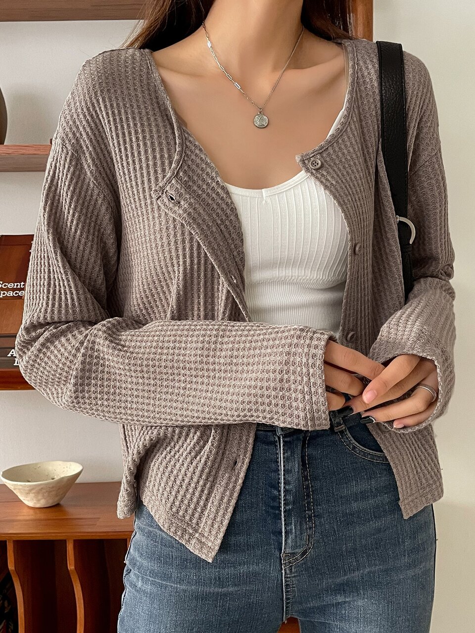 Solid Button Front Drop Shoulder Tee,Fall Women Clothes