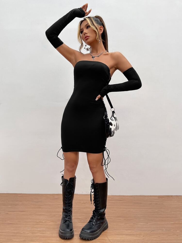 SHEIN ICON 性感露背 交叉 繫帶 金屬氣眼純色女士連衣裙 - 黑色 - 查看 4