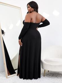 Slaydiva Vestido de hombros descubiertos de muslo con abertura - Negro - Ver 3