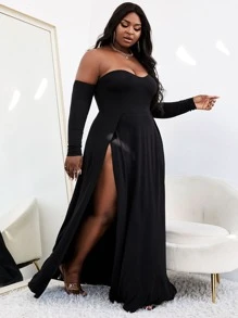 Slaydiva Vestido de hombros descubiertos de muslo con abertura - Negro - Ver 4