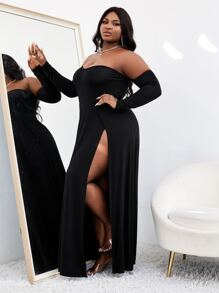 Slaydiva Vestido de hombros descubiertos de muslo con abertura - Negro - Ver 6