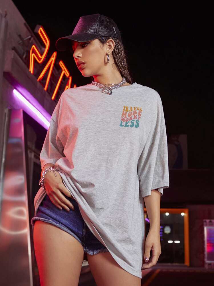 SHEIN Unity Slogan Graphic Drop Shoulder Oversized Tee - Light Grey - View 3
