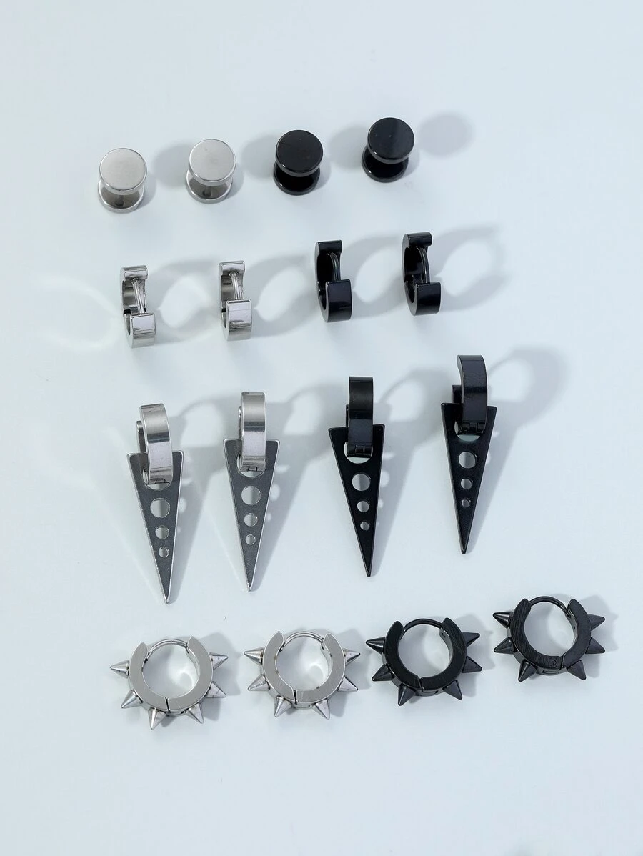 時尚流行8對男士幾何魅力耳環，不銹鋼首飾，適合珠寶禮物和時尚外觀 - 彩色 - 查看 1