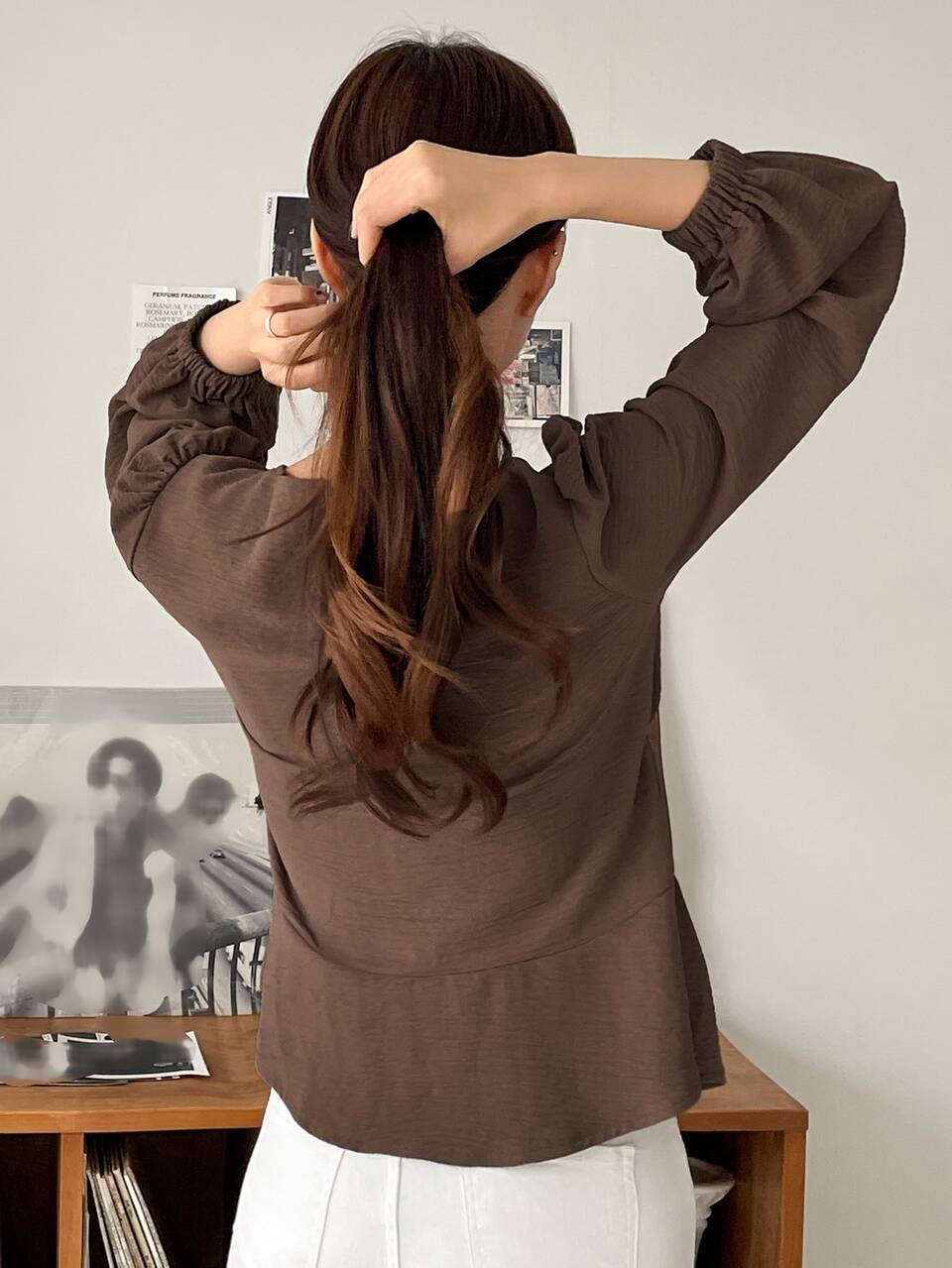 Frill Trim Lantern Sleeve Peplum Blouse