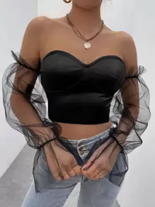 SHEIN BAE Contrast Mesh Flounce Sleeve Off Shoulder Crop Satin Top - Black - View 1