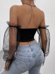 SHEIN BAE Contrast Mesh Flounce Sleeve Off Shoulder Crop Satin Top - Black - View 2