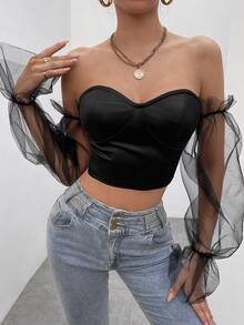 SHEIN BAE Contrast Mesh Flounce Sleeve Off Shoulder Crop Satin Top - Black - View 3