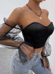 SHEIN BAE Contrast Mesh Flounce Sleeve Off Shoulder Crop Satin Top - Black - View 4