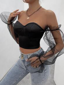 SHEIN BAE Contrast Mesh Flounce Sleeve Off Shoulder Crop Satin Top - Black - View 5