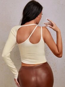 SHEIN SXY Asymmetrical Neck Cut Out Rib-Knit Sweater - Beige - View 2