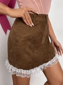 SHEIN MOD 高腰蕾絲邊燈芯絨半身裙