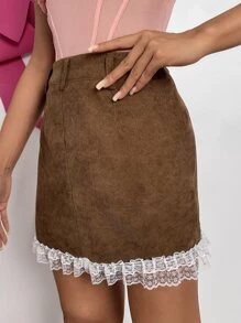 SHEIN MOD 高腰蕾絲邊燈芯絨半身裙