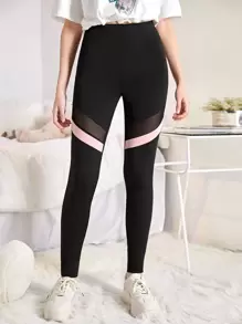 SHEIN Leggings Bé Gái Tương phản Mesh Khối Màu Thể thao - màu đen - Xem 1