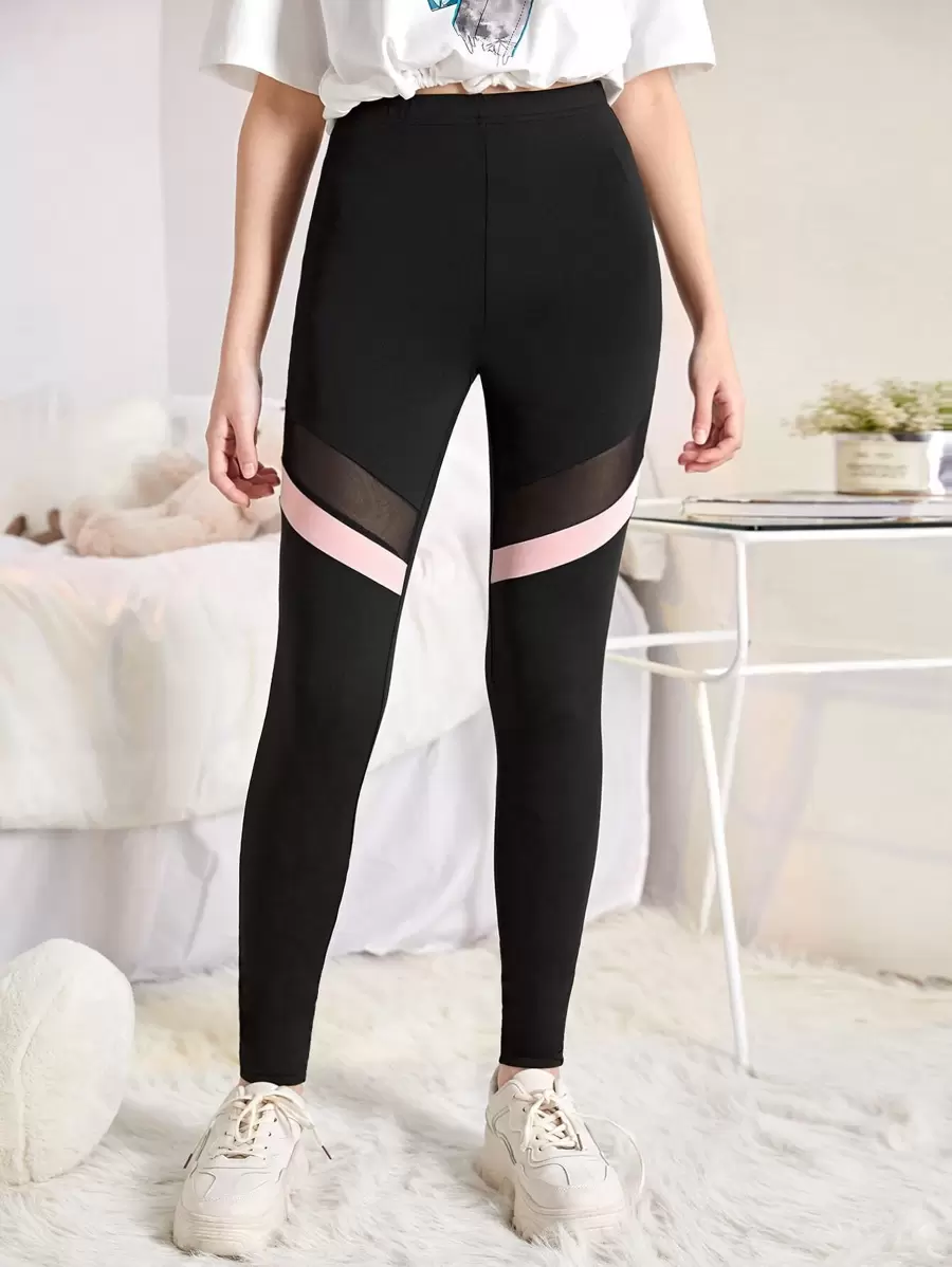 SHEIN Leggings Bé Gái Tương phản Mesh Khối Màu Thể thao - màu đen - Xem 1