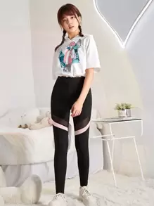 SHEIN Leggings Bé Gái Tương phản Mesh Khối Màu Thể thao - màu đen - Xem 3