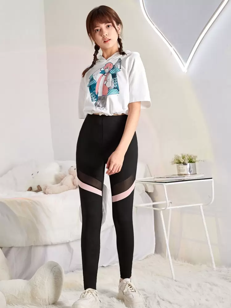SHEIN Teen Girls Contrast Mesh Leggings - Black - View 3
