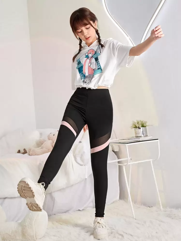 SHEIN Teen Girls Contrast Mesh Leggings - Black - View 4