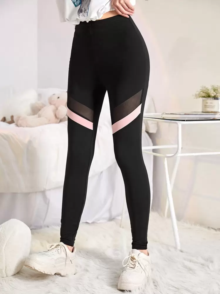 SHEIN Teen Girls Contrast Mesh Leggings - Black - View 5