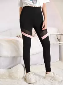 SHEIN Leggings Bé Gái Tương phản Mesh Khối Màu Thể thao - màu đen - Xem 6