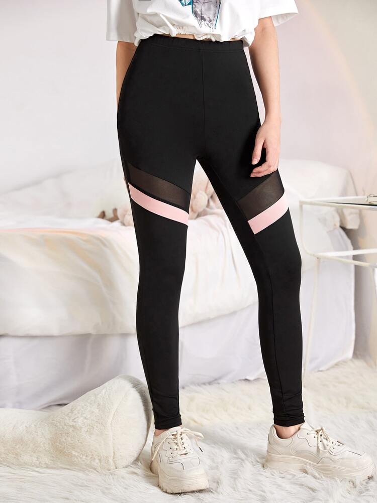 SHEIN Leggings Bé Gái Tương phản Mesh Khối Màu Thể thao - màu đen - Xem 6
